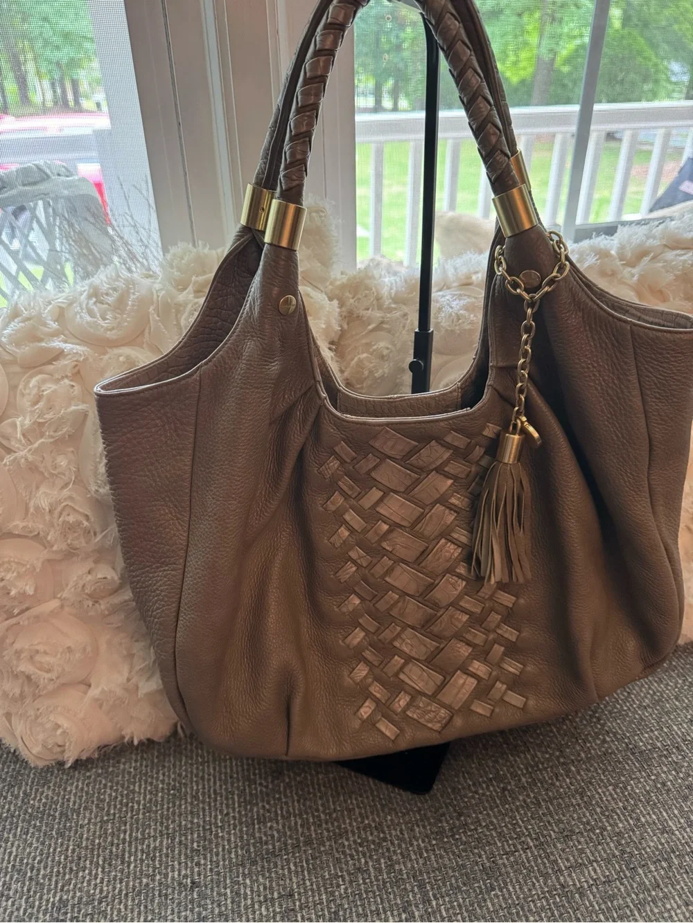 Brahmin Dreamweaver Taupe Leather Satchel with Woven Patchwork & Braided Accent